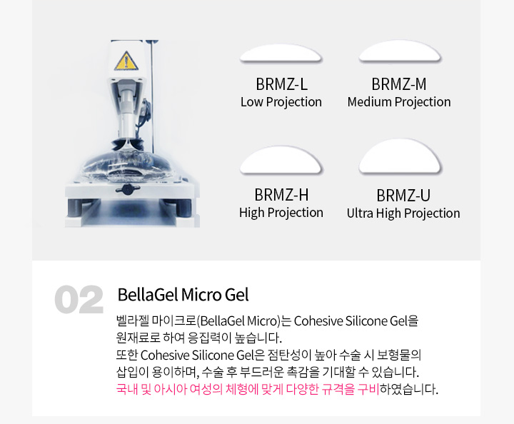 02.BellaGel Micro Gel
		벨라젤 마이크로(BellaGel Micro)는 Cohesive Silicone Gel을 
		원재료로 하여 응집력이 높습니다. 
		또한 Cohesive Silicone Gel은 점탄성이 높아 수술 시 보형물의 
		삽입이 용이하며, 수술 후 부드러운 촉감을 기대할 수 있습니다. 
		국내 및 아시아 여성의 체형에 맞게 다양한 규격을 구비하였습니다.