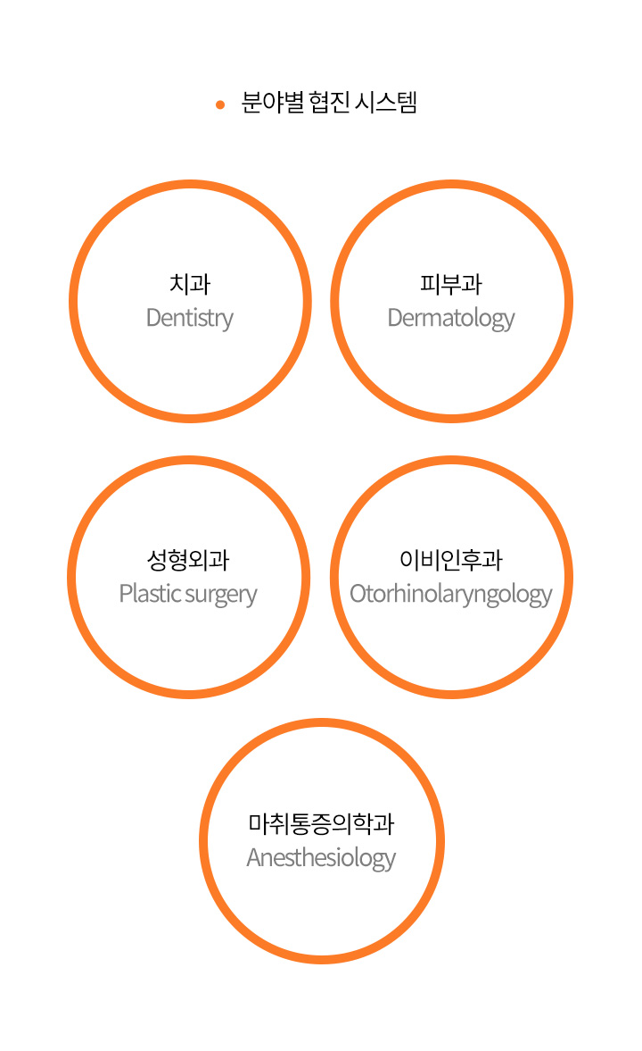 분야별 협진 시스템
		치과 피부과 성형외과 이비인후과 마취통증의학과