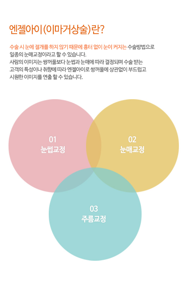 엔젤아이(이마거상술)란?
수술 시 눈에 절개를 하지 않기 때문에 흉터 없이 눈이 커지는 수술방법으로
일종의 눈매교정이라고 할 수 있습니다.
사람의 이미지는 쌍꺼풀보다 눈썹과 눈매에 따라 결정되며 수술 받는
고객의 특성이나 취향에 따라 엔젤아이로 쌍꺼풀에 상관없이 부드럽고
시원한 이미지를 연출 할 수 있습니다.
01.눈썹교정
02.눈매교정
03.주름교정