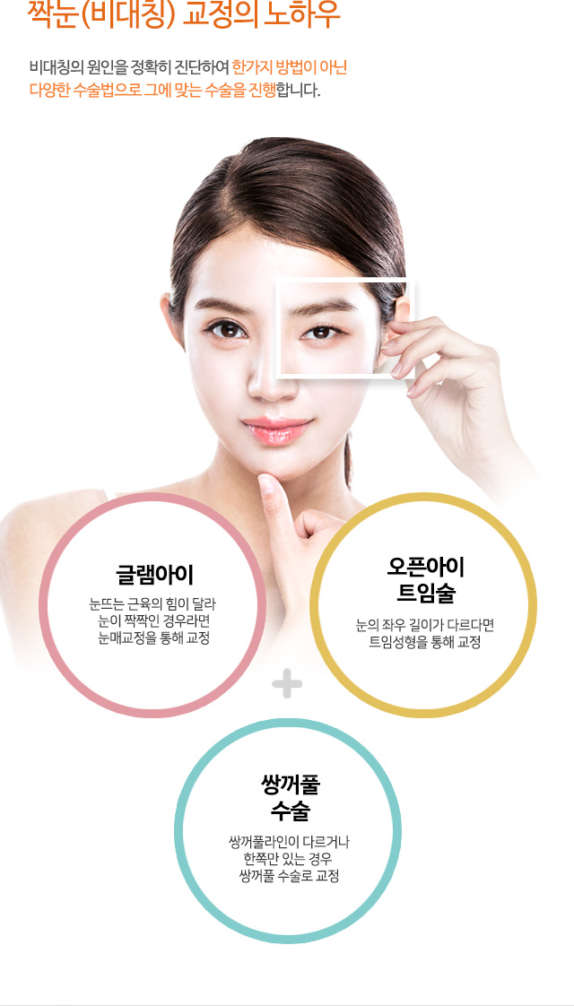 짝눈(비대칭) 교정의 노하우 비대칭의 원인을 정확히 진단하여 한가지 방법이 아닌 다양한 수술법으로 그에 맞는 수술을 진행합니다.
글램아이 : 눈뜨는 근육의 힘이 달라 눈이 짝짝인 경우라면 눈매교정을 통해 교정
오픈아이 트임술 : 눈의 좌우 길이가 다르다면 트임성형을 통해 교정
쌍꺼풀 수술 : 쌍꺼풀라인이 다르거나 한쪽만 있는 경우 쌍꺼풀 수술로 교정