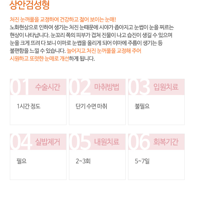상안검성형
처진 눈꺼풀을 교정하여 건강하고 젊어 보이는 눈매!
노화현상으로 인하여 생기는 처진 눈때문에 시야가 좁아지고 눈썹이 눈을 찌르는
현상이 나타납니다. 눈꼬리 쪽의 피부가 겹쳐 진물이 나고 습진이 생길 수 있으며
눈을 크게 뜨려 다 보니 이마로 눈썹을 올리게 되어 이마에 주름이 생기는 등
불편함을 느낄 수 있습니다. 늘어지고 처진 눈꺼풀을 교정해 주어
시원하고 또렷한 눈매로 개선하게 됩니다.