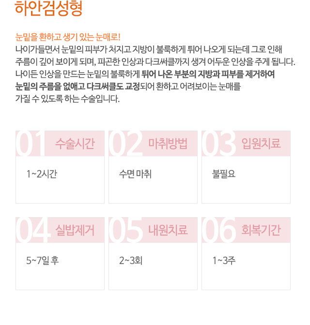 하안검성형
눈밑을 환하고 생기 있는 눈매로!
나이가들면서 눈밑의 피부가 처지고 지방이 불룩하게 튀어 나오게 되는데 그로 인해
주름이 깊어 보이게 되며, 피곤한 인상과 다크써클까지 생겨 어두운 인상을 주게 됩니다.
나이든 인상을 만드는 눈밑의 불룩하게 튀어 나온 부분의 지방과 피부를 제거하여
눈밑의 주름을 없애고 다크써클도 교정되어 환하고 어려보이는 눈매를
가질 수 있도록 하는 수술입니다.