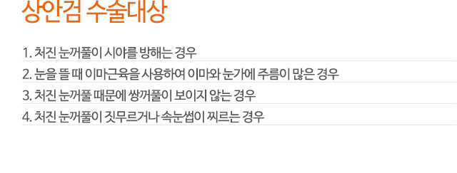 상안검 수술대상
1. 처진 눈꺼풀이 시야를 방해는 경우
2. 눈을 뜰 때 이마근육을 사용하여 이마와 눈가에 주름이 많은 경우
3. 처진 눈꺼풀 때문에 쌍꺼풀이 보이지 않는 경우
4. 처진 눈꺼풀이 짓무르거나 속눈썹이 찌르는 경우