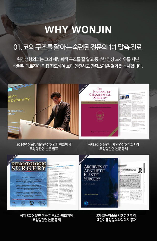 why wonjin
01. 코의 구조를 잘 아는 숙련된 전문의 1:1 맞춤 진료
원진성형외과는 코의 해부학적 구조를 잘 알고 풍부한 임상 노하우를 지닌
숙련된 의료진이 직접 집도하여 보다 안전하고 만족스러운 결과를 선사합니다.