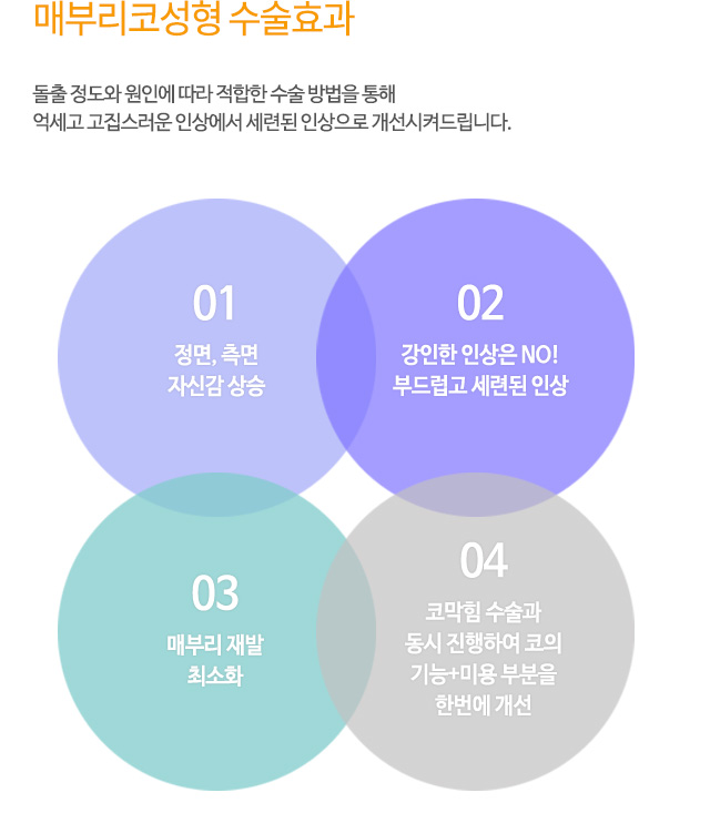 매부리코성형 수술효과
돌출 정도와 원인에 따라 적합한 수술 방법을 통해
억세고 고집스러운 인상에서 세련된 인상으로 개선시켜드립니다.
01.정면, 측면 자신감 상승
02.강인한 인상은 NO! 부드럽고 세련된 인상
03.매부리 재발 최소화
04.코막힘 수술과 동시 진행하여 코의 기능+미용 부분을 한번에 개선