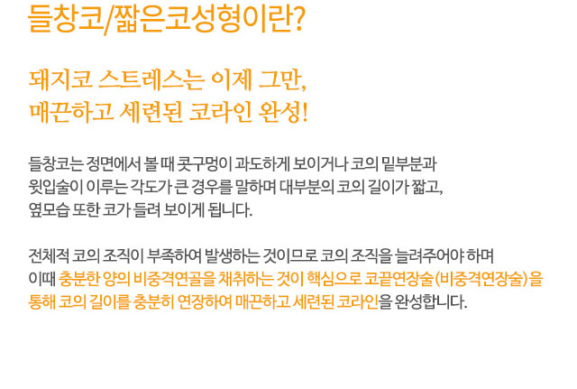 들창코/짧은코성형이란?
돼지코 스트레스는 이제 그만, 매끈하고 세련된 코라인 완성!
들창코는 정면에서 볼 때 콧구멍이 과도하게 보이거나 코의 밑부분과
윗입술이 이루는 각도가 큰 경우를 말하며 대부분의 코의 길이가 짧고,
옆모습 또한 코가 들려 보이게 됩니다.
전체적 코의 조직이 부족하여 발생하는 것이므로 코의 조직을 늘려주어야 하며
이때 충분한 양의 비중격연골을 채취하는 것이 핵심으로 코끝연장술(비중격연장술)을
통해 코의 길이를 충분히 연장하여 매끈하고 세련된 코라인을 완성합니다.
