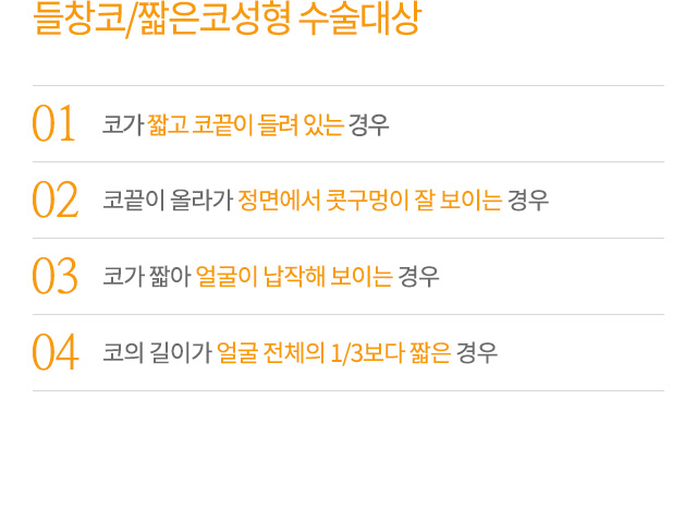 들창코/짧은코성형 수술대상
01.코가 짧고 코끝이 들려 있는 경우
02.코끝이 올라가 정면에서 콧구멍이 잘 보이는 경우
03.코가 짧아 얼굴이 납작해 보이는 경우
04.코의 길이가 얼굴 전체의 1/3보다 짧은 경우