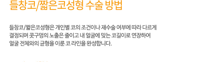 들창코/짧은코성형 수술 방법
들창코/짧은코성형은 개인별 코의 조건이나 재수술 여부에 따라 다르게
결정되며 콧구멍의 노출은 줄이고 내 얼굴에 맞는 코길이로 연장하여
얼굴 전체와의 균형을 이룬 코 라인을 완성합니다.