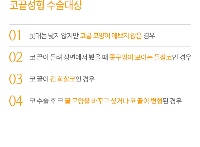 코끝성형 수술대상
01.콧대는 낮지 않지만 코끝 모양이 예쁘지 않은 경우
02.코 끝이 들려 정면에서 봤을 때 콧구멍이 보이는 들창코인 경우
03.코 끝이 긴 화살코인 경우
04.코 수술 후 코 끝 모양을 바꾸고 싶거나 코 끝이 변형된 경우