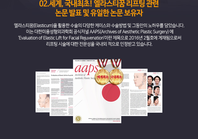 02.세계, 국내최초! 엘라스티꿈 리프팅 관련 논문 발표 및 유일한 논문 보유자
엘라스티꿈(Elasticum)을 활용한 수술의 다양한 케이스와 수술방법 및 그동안의 노하우를 담았습니다.
이는 대한미용성형외과학회 공식저널 AAPS(Archives of Aesthetic Plastic Surgery) 에
‘Evaluation of Elastic Lift for Facial Rejuvenation’이란 제목으로 2016년 2월호에 게재됨으로써
리프팅 시술에 대한 전문성을 국내외 적으로 인정받고 있습니다.